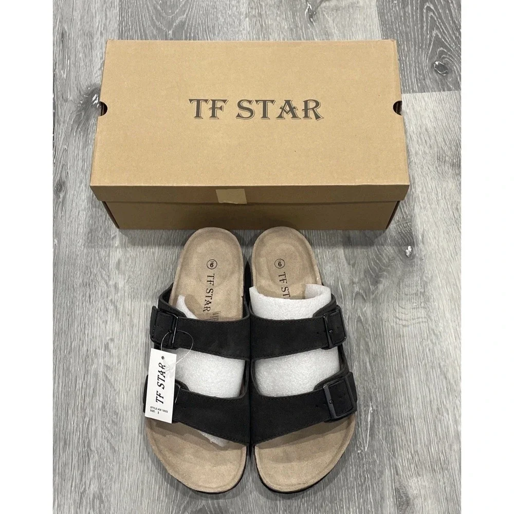 TF STAR Cow Suede Leather Slide Sandals 2-Strap Adjustable Buckle Casual Men's 9